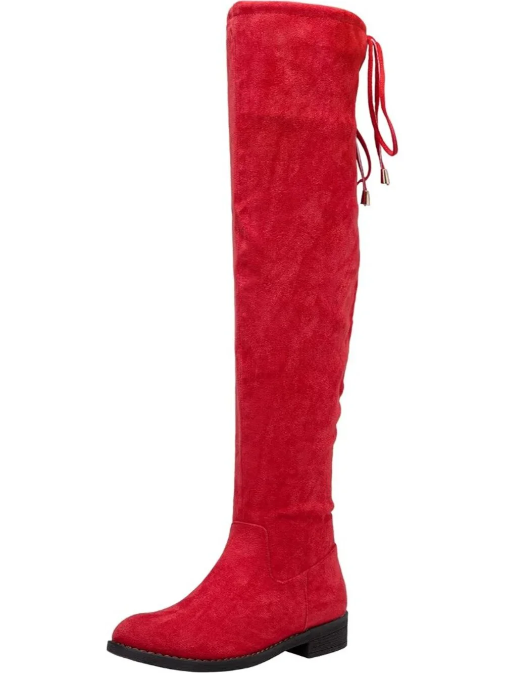 Women's Red Synthetic Suede Side Zipper Flat Heel Stretch Over The Knee Boots